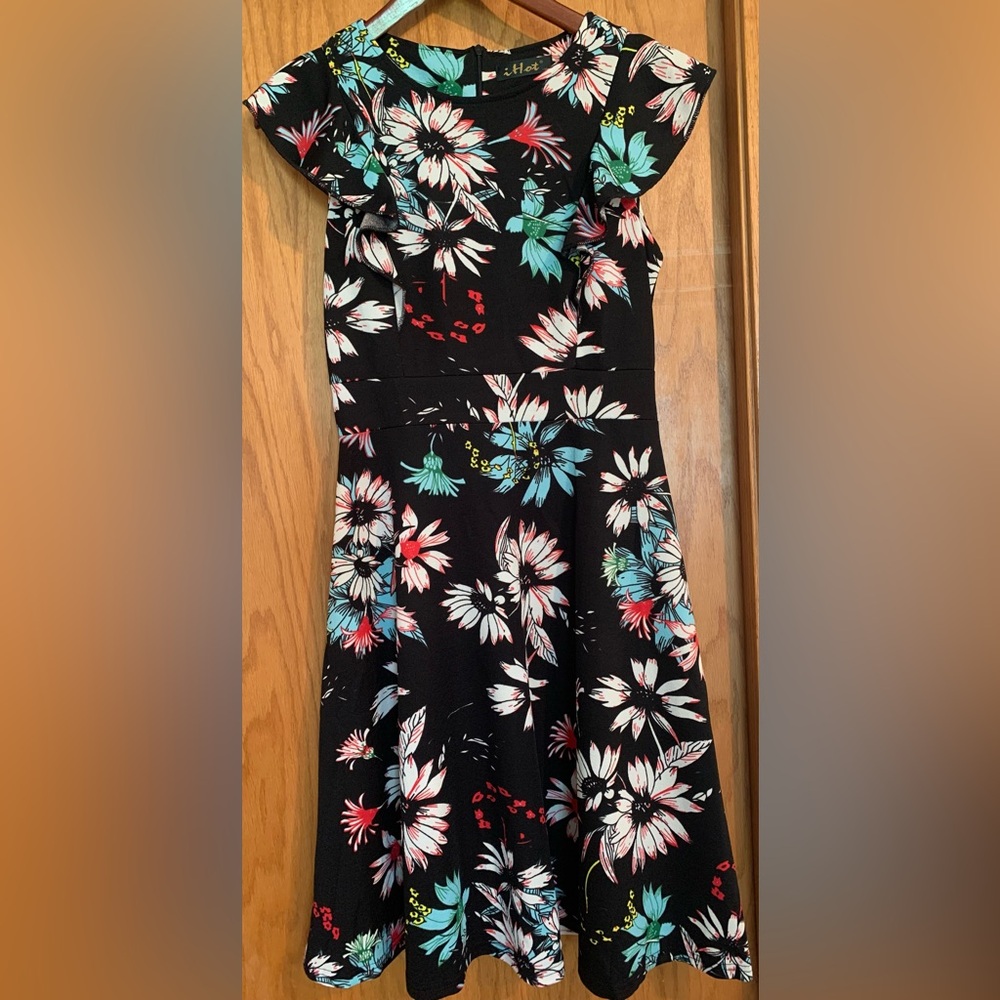 Floral Black Dress with Cap Sleeves
